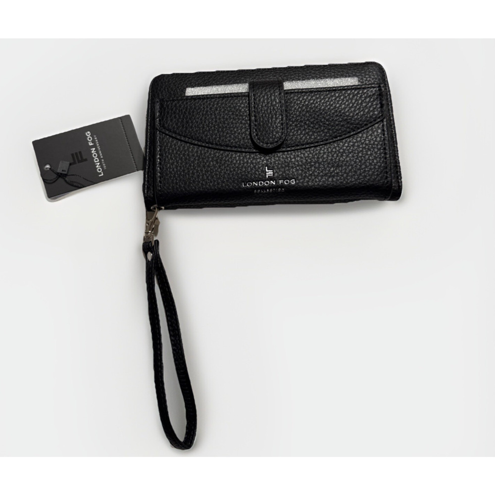 London Fog Wristlet Wallet Long Zip Around Felicity Black Pebbled Faux Leather